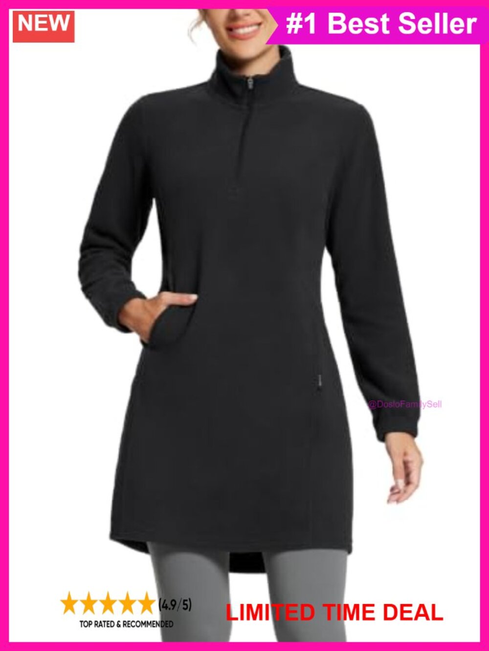 Fleece Long Tunic Sweatshirt Dress Quarter Zip Pullover